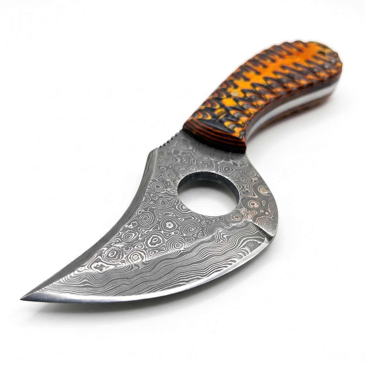 Trailhead 8" Damascus Skinning Knife | Stabilized Wood, Damascus blade close-up