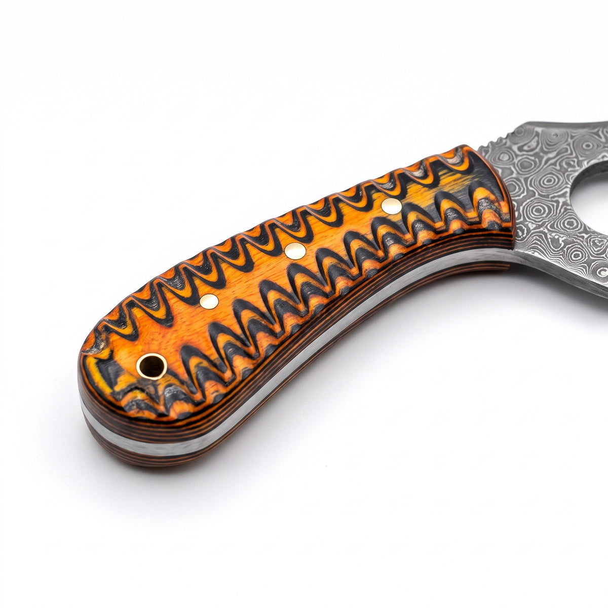 Trailhead 8" Damascus Skinning Knife | Stabilized Wood, handle and fittings close-up