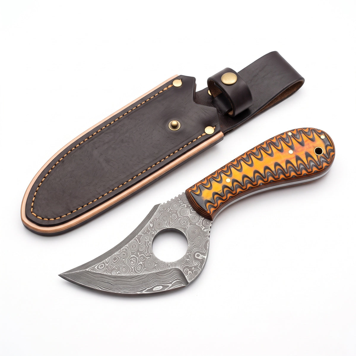 Trailhead 8" Damascus Skinning Knife | Stabilized Wood, three-quarter view with the Crownridge sheath