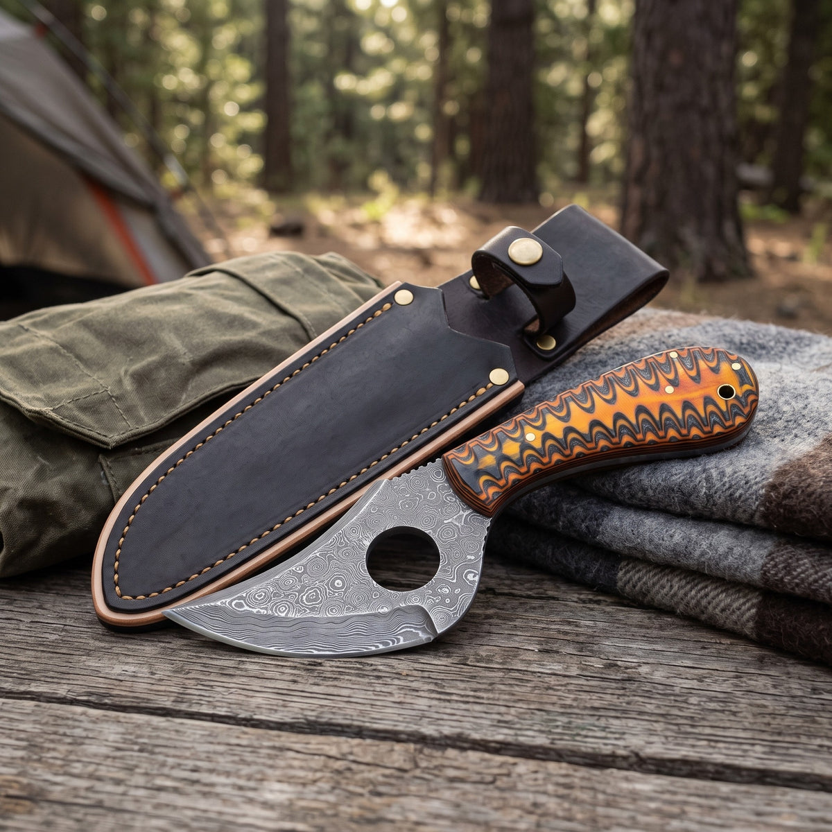 Trailhead 8" Damascus Skinning Knife | Stabilized Wood, with the Crownridge sheath in use