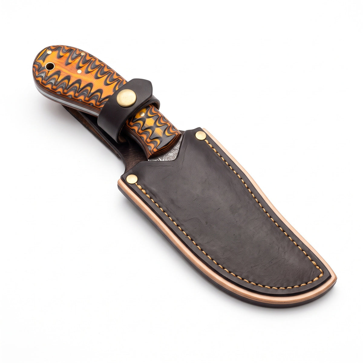 Trailhead 8" Damascus Skinning Knife | Stabilized Wood, seated in the Crownridge sheath