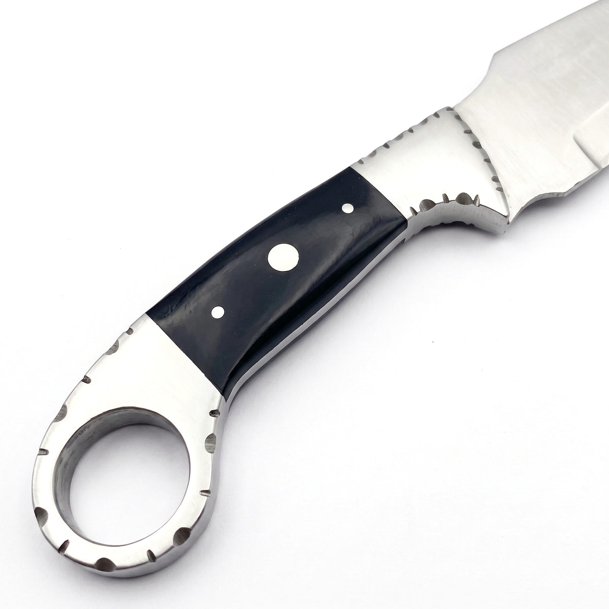 Trailhead 9" Carbon Steel Skinning Knife | Buffalo Horn, handle and fittings close-up