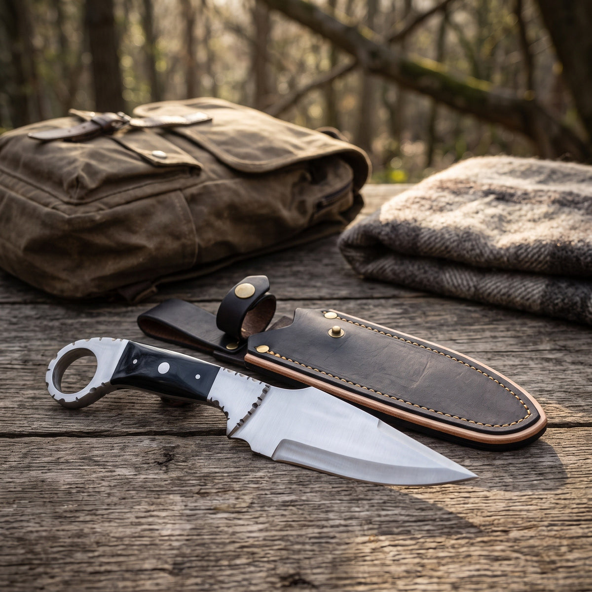 Trailhead 9" Carbon Steel Skinning Knife | Buffalo Horn, with the Crownridge sheath in use