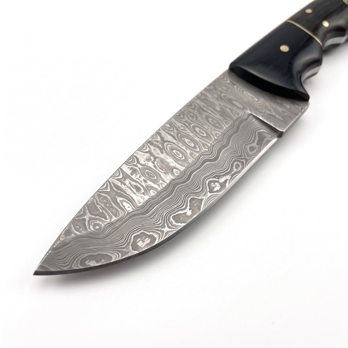 Trailhead 9" Damascus Skinning Knife | Rosewood & Horn, Damascus blade close-up