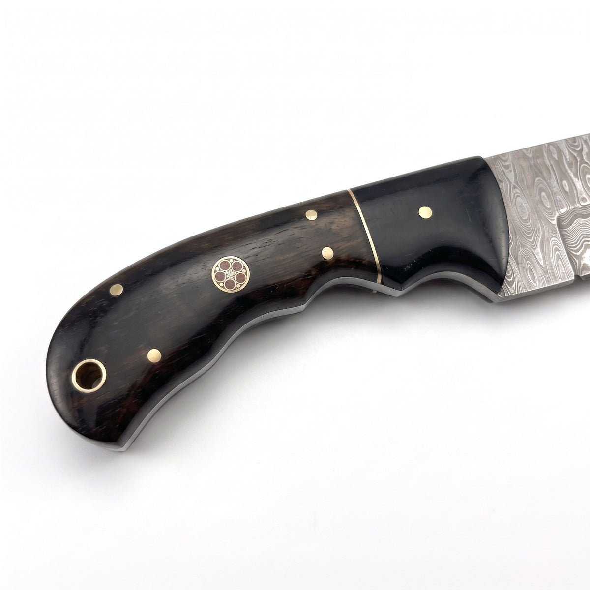 Trailhead 9" Damascus Skinning Knife | Rosewood & Horn, handle and fittings close-up