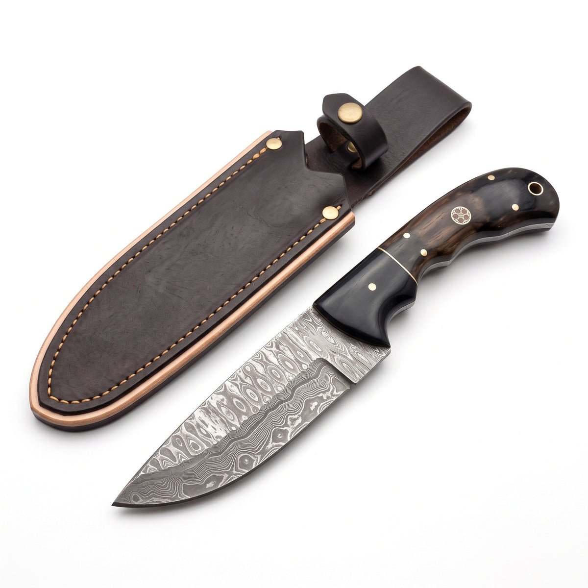 Trailhead 9" Damascus Skinning Knife | Rosewood & Horn, three-quarter view with the Crownridge sheath