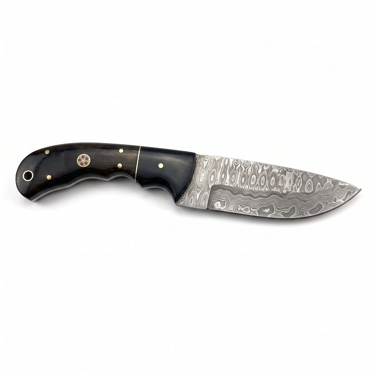 Trailhead 9" Damascus Skinning Knife | Rosewood & Horn, side profile on white
