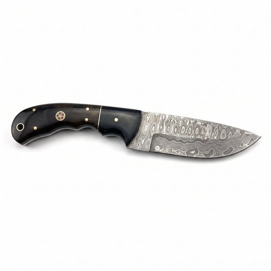 Trailhead 9" Damascus Skinning Knife | Rosewood & Horn, side profile on white