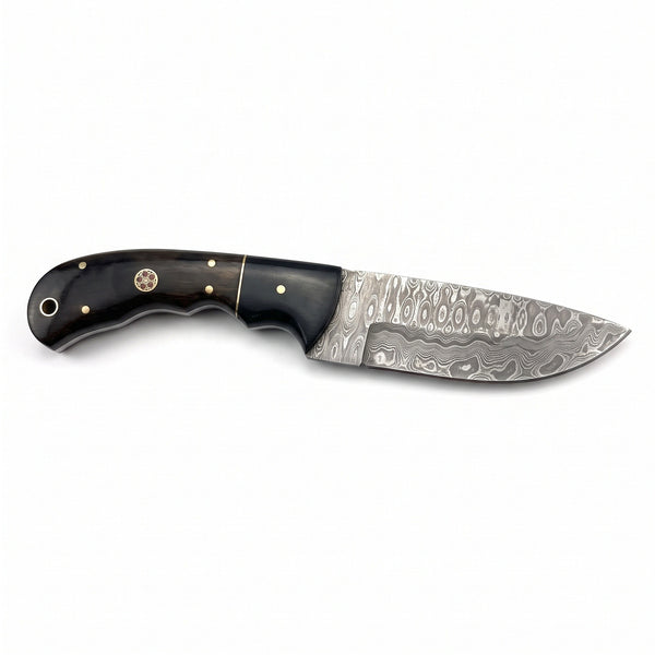 Trailhead 9" Damascus Skinning Knife | Rosewood & Horn, side profile on white