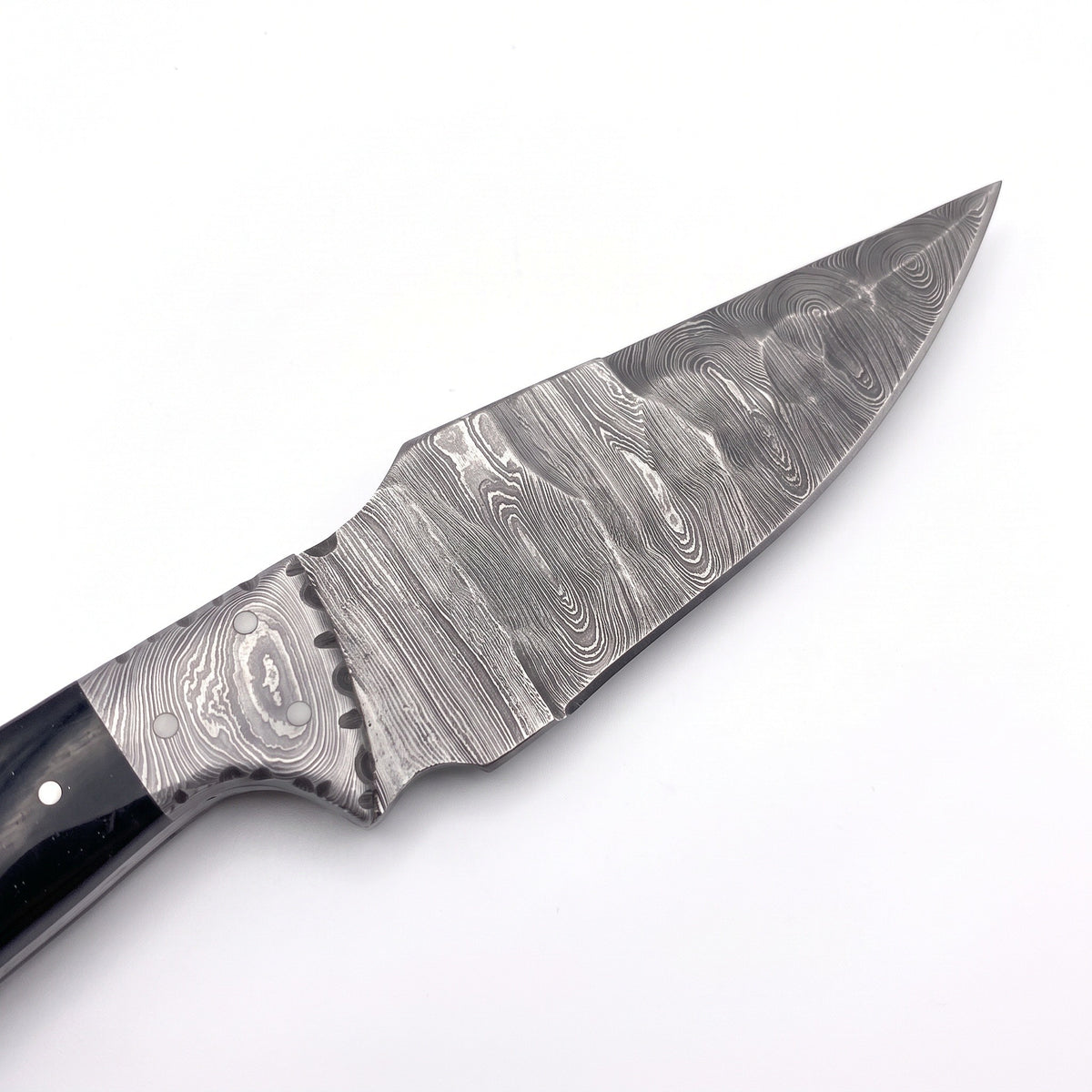Trailhead 9" Damascus Skinning Knife | Buffalo Horn, Damascus blade close-up