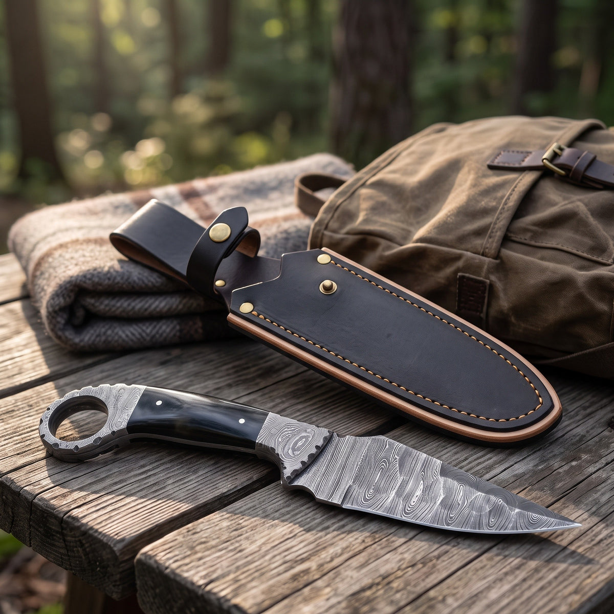 Trailhead 9" Damascus Skinning Knife | Buffalo Horn, with the Crownridge sheath in use