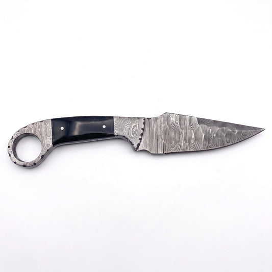 Trailhead 9" Damascus Skinning Knife | Buffalo Horn, side profile on white
