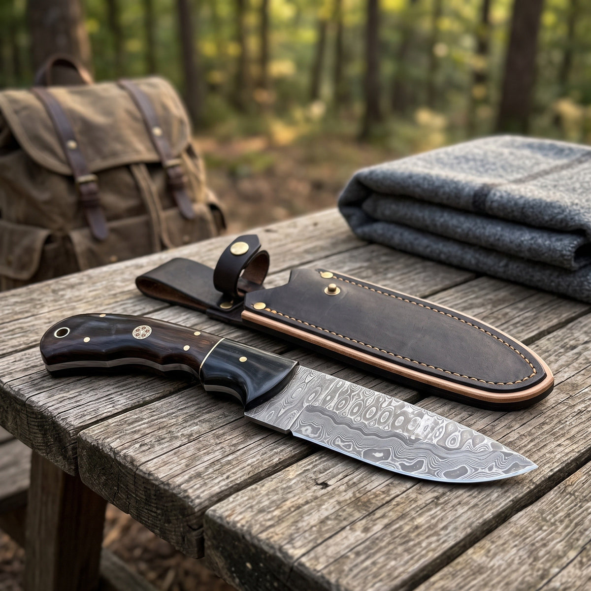 Trailhead 9" Damascus Skinning Knife | Rosewood & Horn, with the Crownridge sheath in use